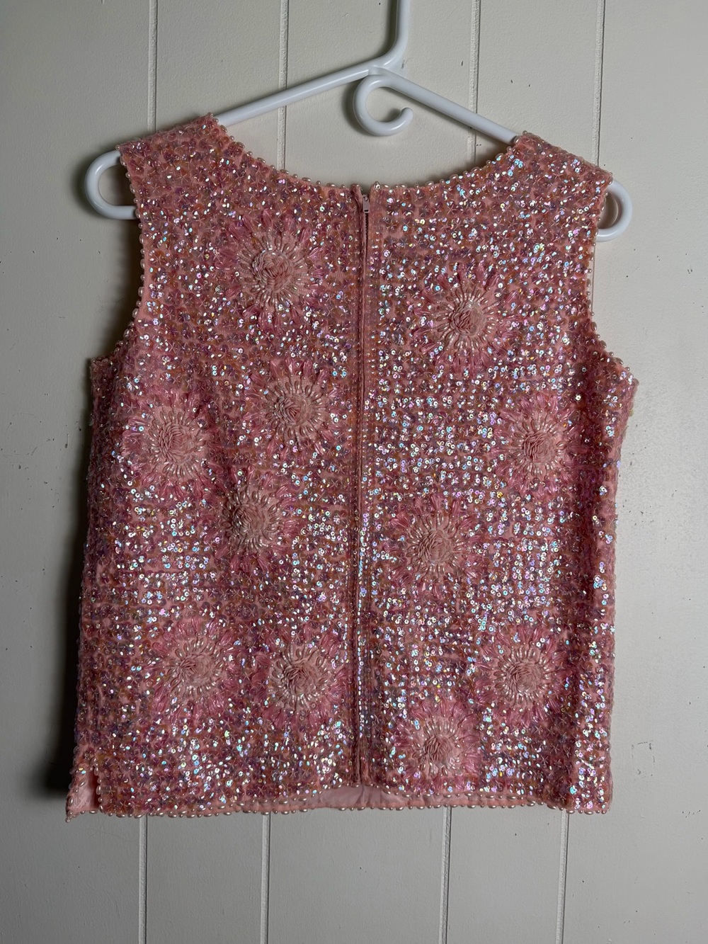 Vintage Beaded and Sequined Floral Sleeveless Blouse Pink Medium - Picture 3 of 5
